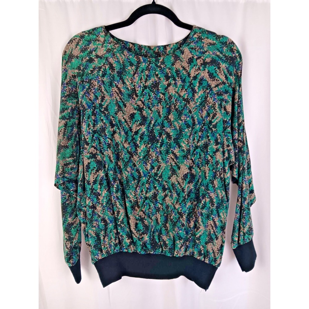 Vintage Womens Blouse Long Sleeve Art Deco Medium Green 100% Rayon